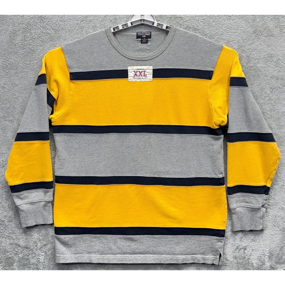 Polo Jeans Co Ralph Lauren Shirt Mens M Yellow Gray Stripe Crew Y2K‎ Streetwear